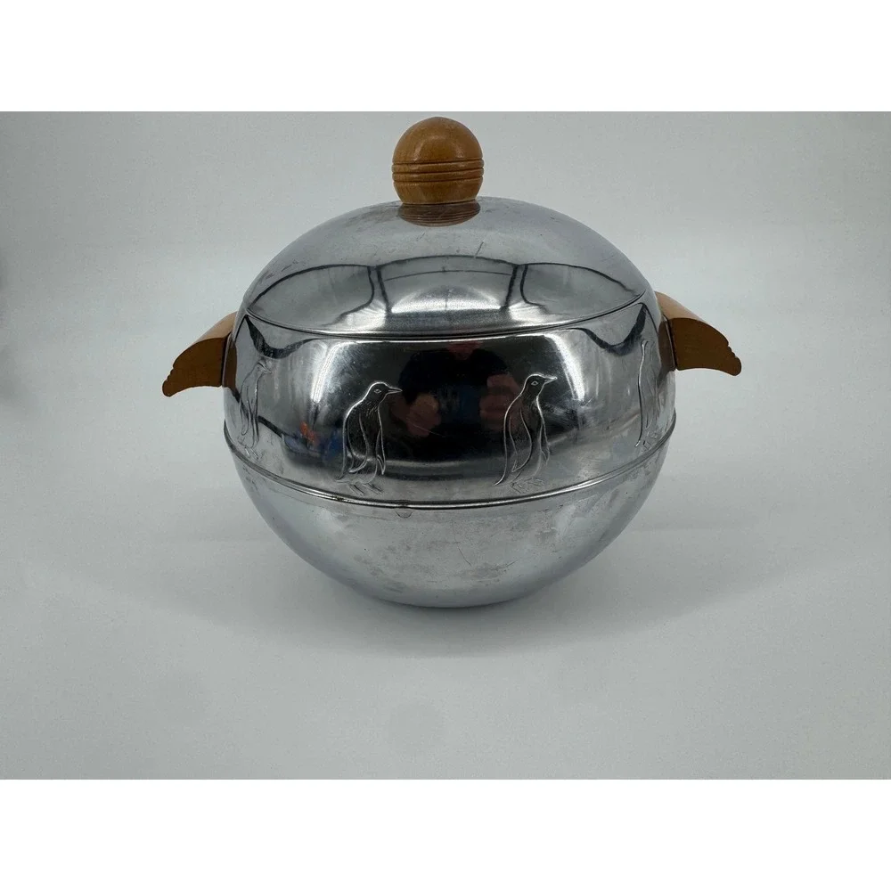 Art Deco Chrome Penguin Ice Bucket Hot Cold Server Wood MCM Vintage West Bend